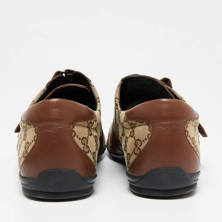 Pre Owned Gucci Brown/Beige Leather And GG Canvas Velcro Sneakers Size 45