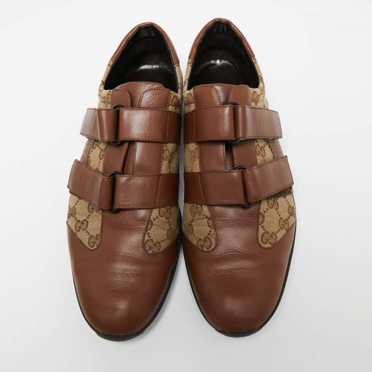Pre Owned Gucci Brown/Beige Leather And GG Canvas Velcro Sneakers Size 45