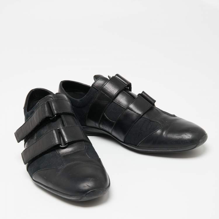 Pre Owned Gucci Black GG Canvas and Leather Double Velcro Strap Low Top Sneakers Size 44 