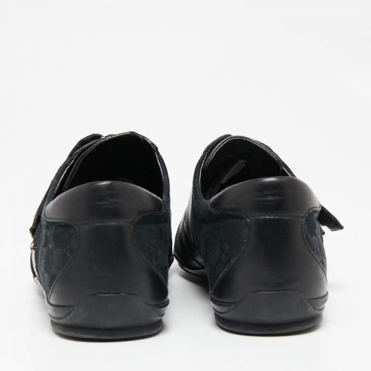 Pre Owned Gucci Black GG Canvas and Leather Double Velcro Strap Low Top Sneakers Size 44 
