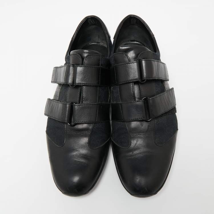 Pre Owned Gucci Black GG Canvas and Leather Double Velcro Strap Low Top Sneakers Size 44 