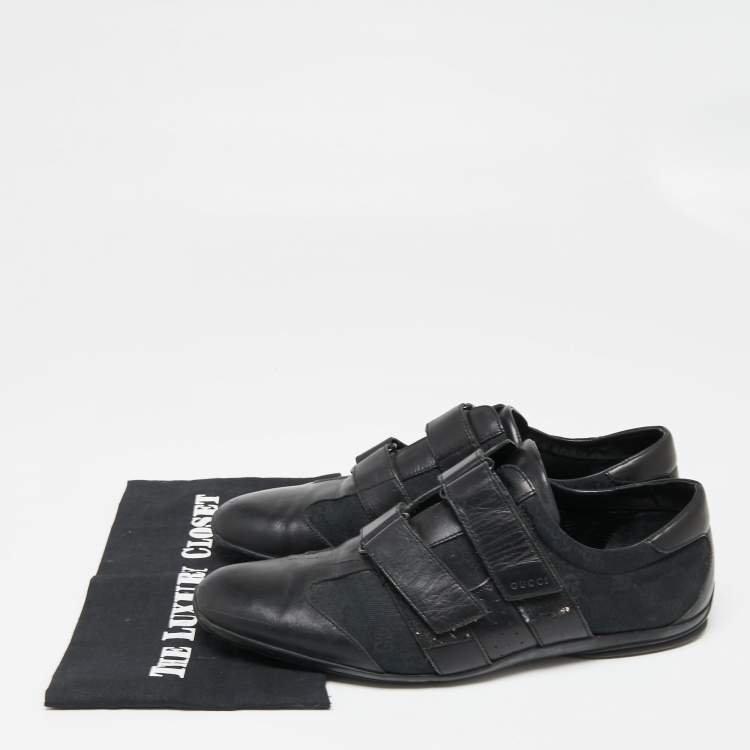 Pre Owned Gucci Black GG Canvas and Leather Double Velcro Strap Low Top Sneakers Size 44 
