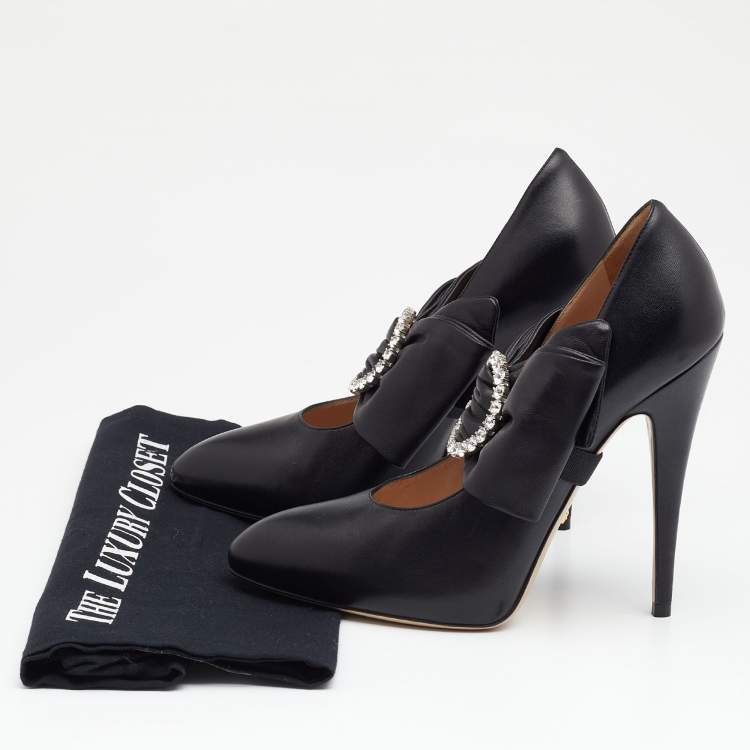 Pre Owned Gucci Black Leather Elaisa Removable Crystal Embellished Bow Strap Pumps Size 37