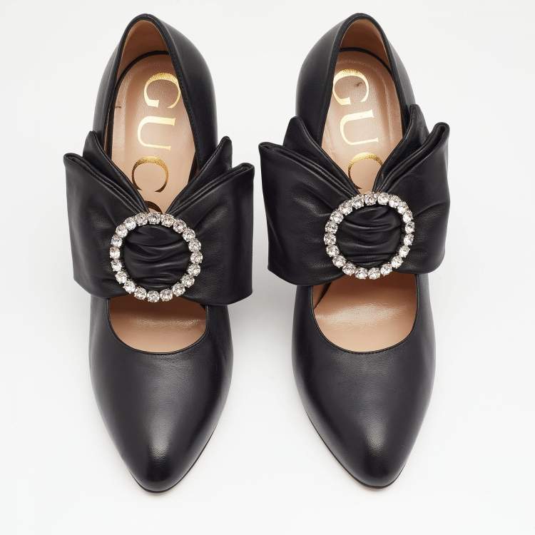 Pre Owned Gucci Black Leather Elaisa Removable Crystal Embellished Bow Strap Pumps Size 37
