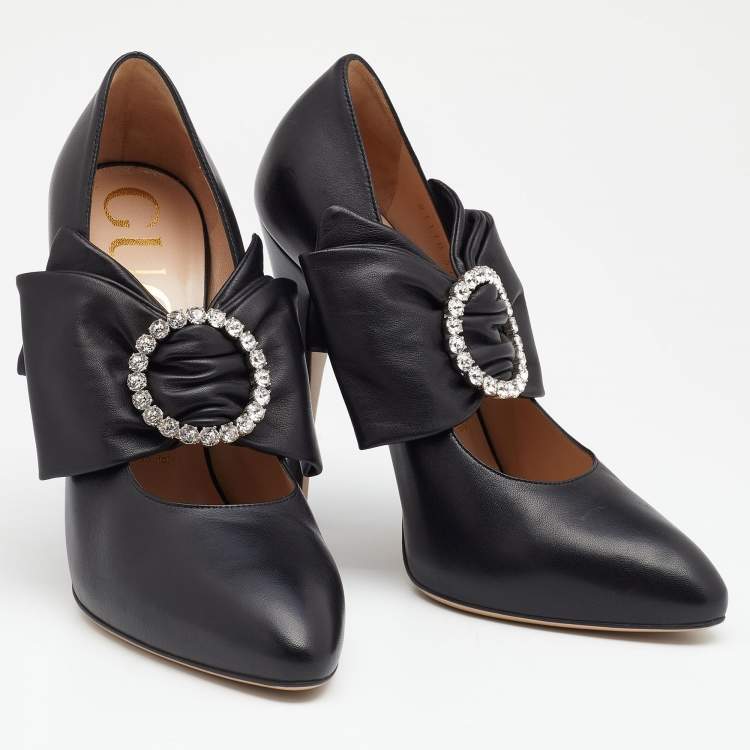 Pre Owned Gucci Black Leather Elaisa Removable Crystal Embellished Bow Strap Pumps Size 37