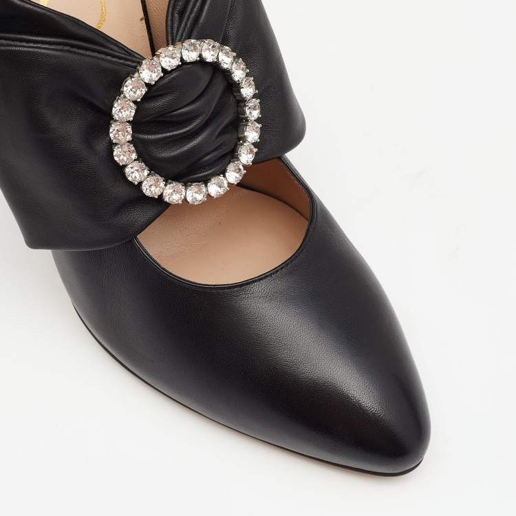 Pre Owned Gucci Black Leather Elaisa Removable Crystal Embellished Bow Strap Pumps Size 37