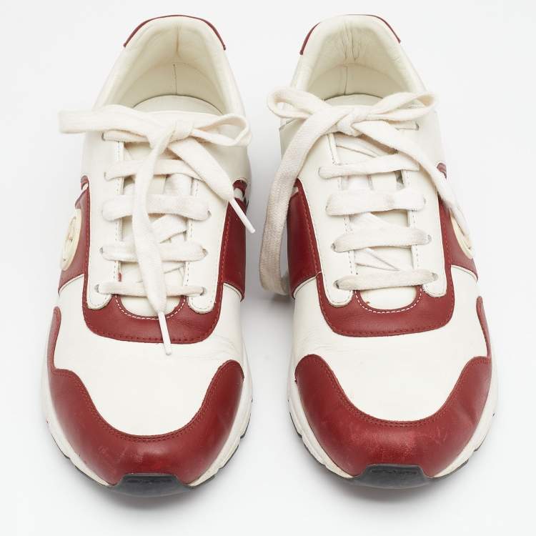 Pre Owned Gucci Red/White Leather Interlocking G Low Top Sneakers Size 37.5