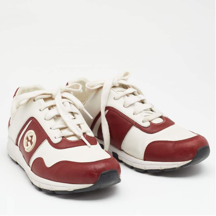 Pre Owned Gucci Red/White Leather Interlocking G Low Top Sneakers Size 37.5