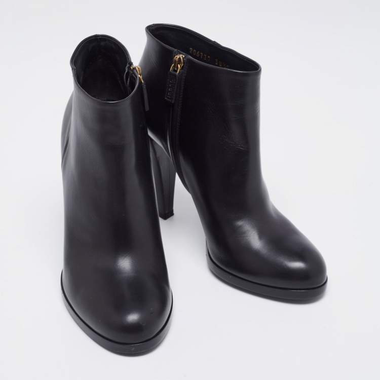 Pre Owned Gucci Black Leather Block Heel Ankle Boots Size 38.5