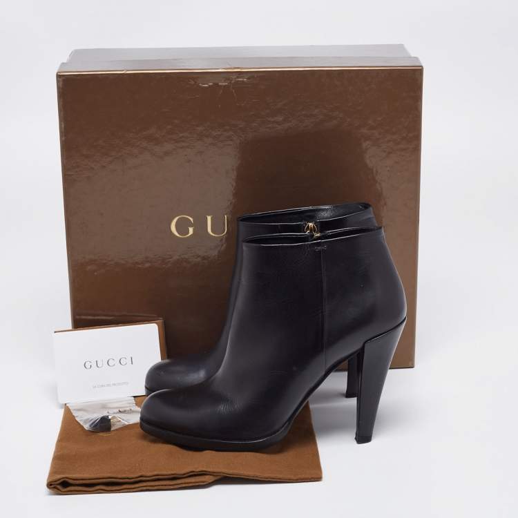Pre Owned Gucci Black Leather Block Heel Ankle Boots Size 38.5