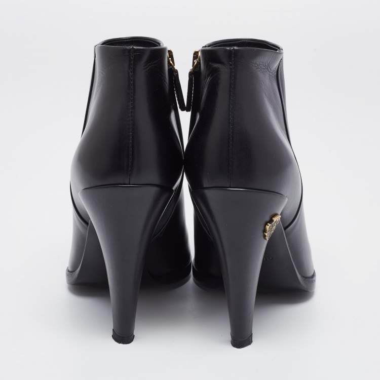 Pre Owned Gucci Black Leather Block Heel Ankle Boots Size 38.5