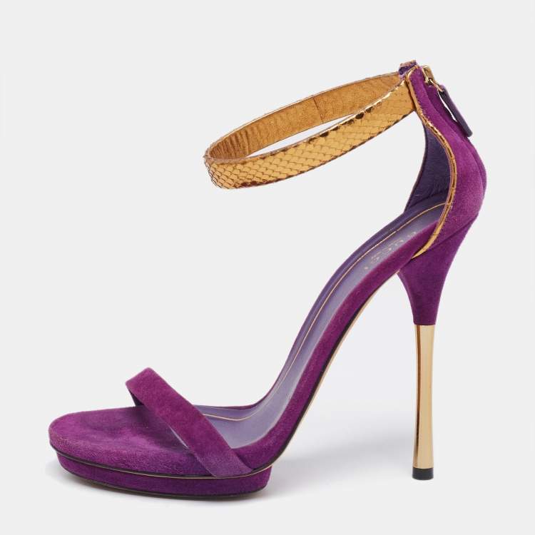 Gucci Purple/Gold Suede and Python Leather Kelis Ankle-Strap Sandals ...