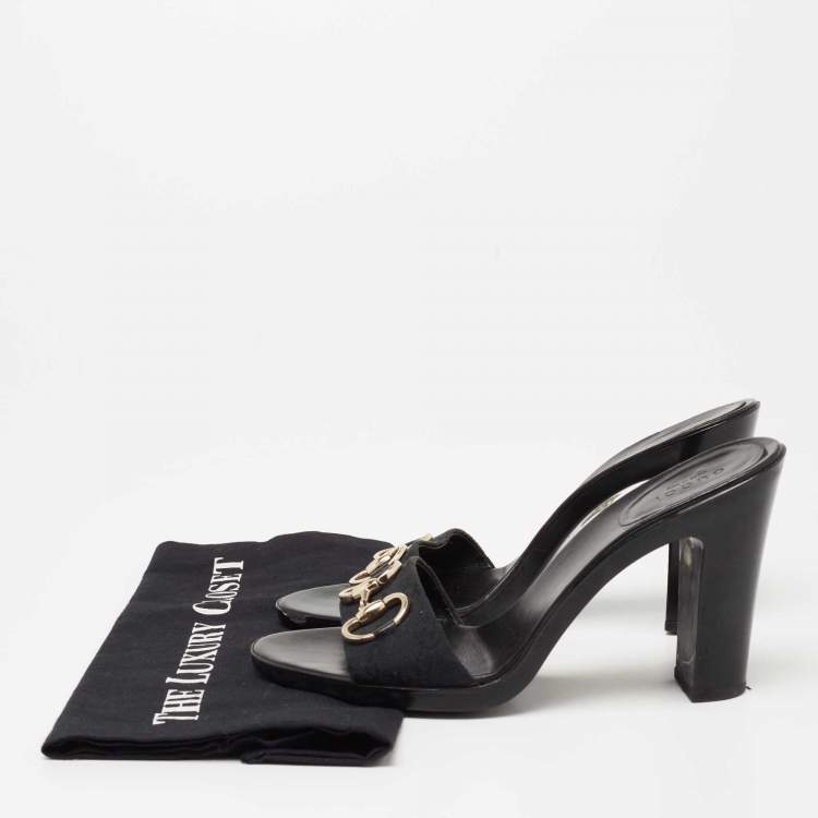 Pre Owned Gucci Black GG Canvas Horsebit Block Heel Slide Sandals Size 39