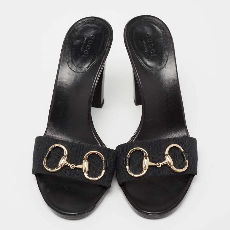 Pre Owned Gucci Black GG Canvas Horsebit Block Heel Slide Sandals Size 39