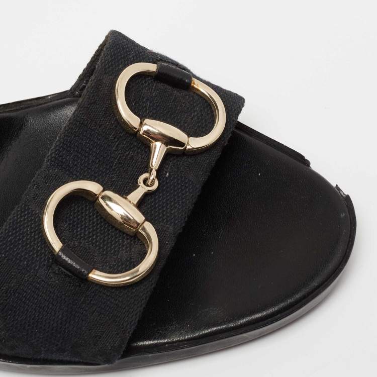 Pre Owned Gucci Black GG Canvas Horsebit Block Heel Slide Sandals Size 39