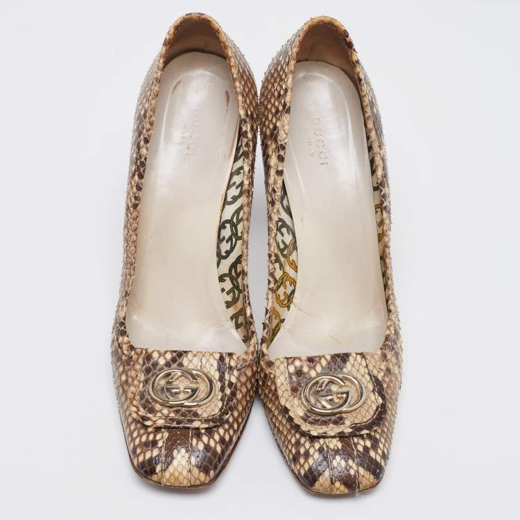 Pre Owned Gucci Brown/Beige Python GG Square Toe Pumps Size 39