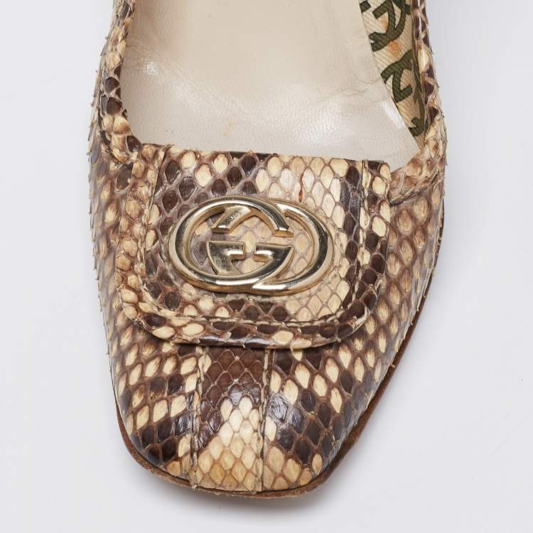 Pre Owned Gucci Brown/Beige Python GG Square Toe Pumps Size 39