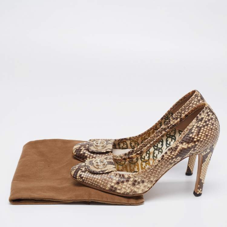 Pre Owned Gucci Brown/Beige Python GG Square Toe Pumps Size 39