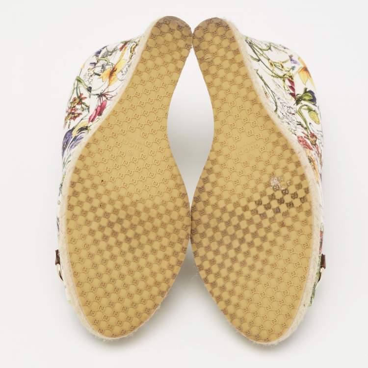 Pre Owned Gucci Multicolor Floral Print Canvas Horsebit Peep Toe Wedge Pumps Size 40