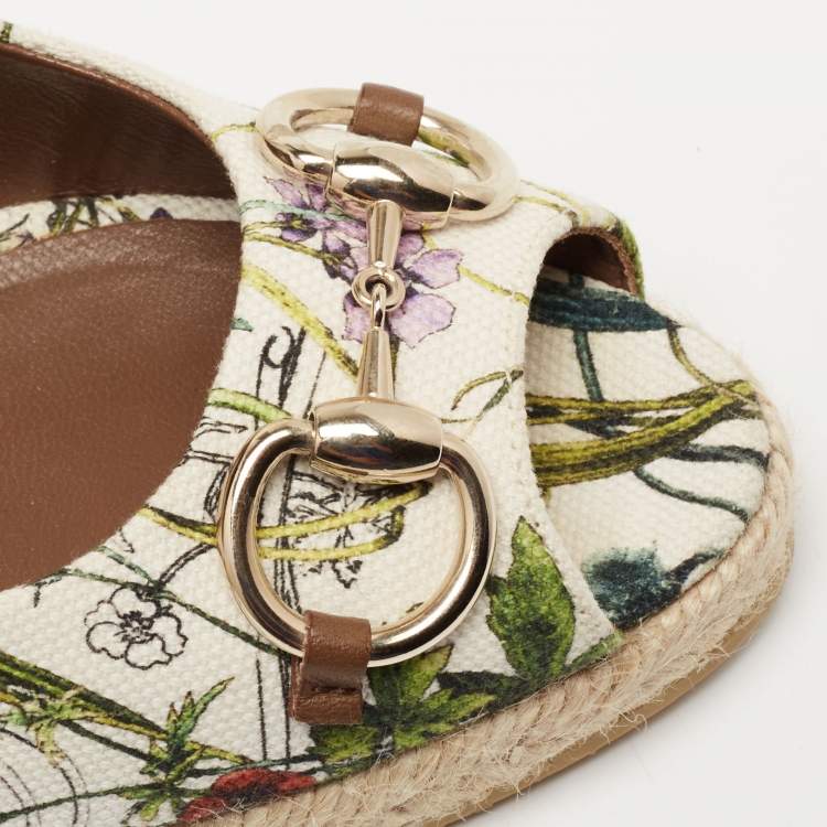 Pre Owned Gucci Multicolor Floral Print Canvas Horsebit Peep Toe Wedge Pumps Size 40