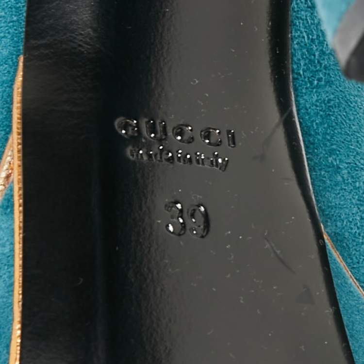 Pre Owned Gucci Teal Green Suede And Gold Leather Piping Detail Peep Toe Platform Pumps Size 39