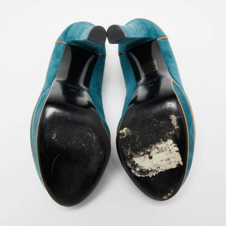Pre Owned Gucci Teal Green Suede And Gold Leather Piping Detail Peep Toe Platform Pumps Size 39
