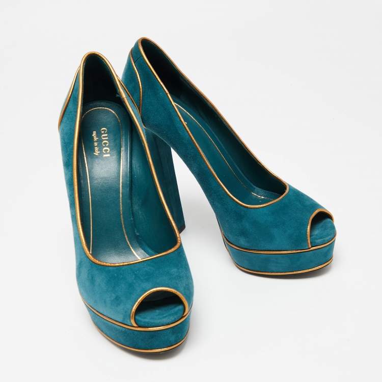 Pre Owned Gucci Teal Green Suede And Gold Leather Piping Detail Peep Toe Platform Pumps Size 39