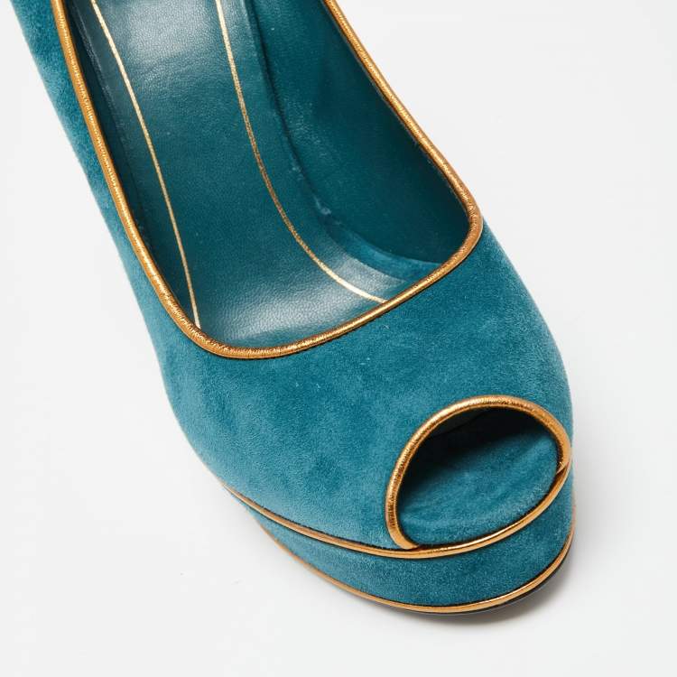 Pre Owned Gucci Teal Green Suede And Gold Leather Piping Detail Peep Toe Platform Pumps Size 39
