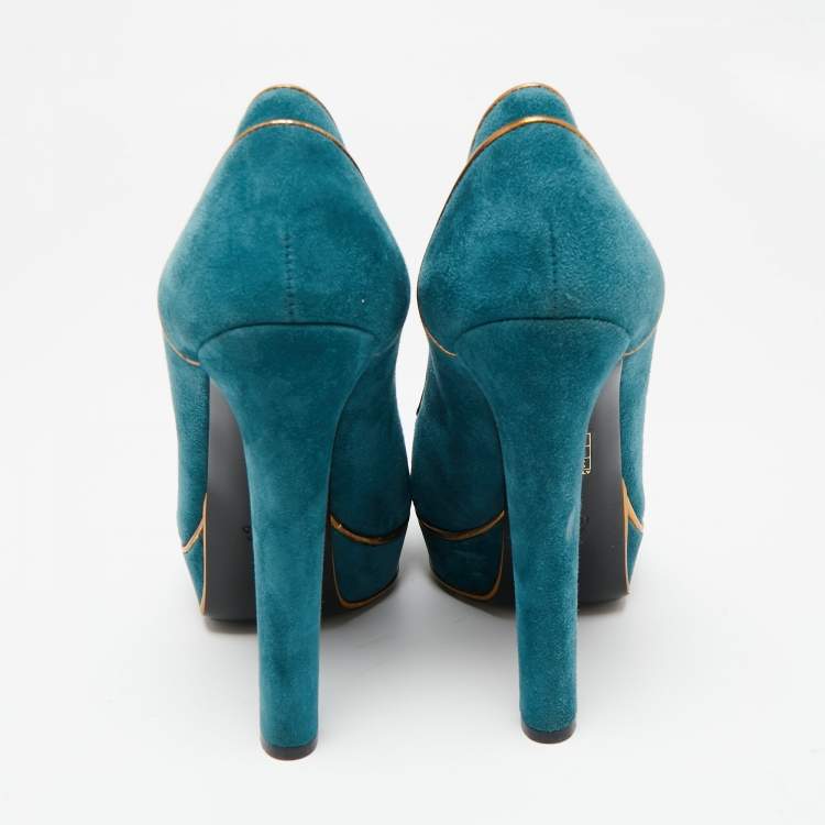 Pre Owned Gucci Teal Green Suede And Gold Leather Piping Detail Peep Toe Platform Pumps Size 39