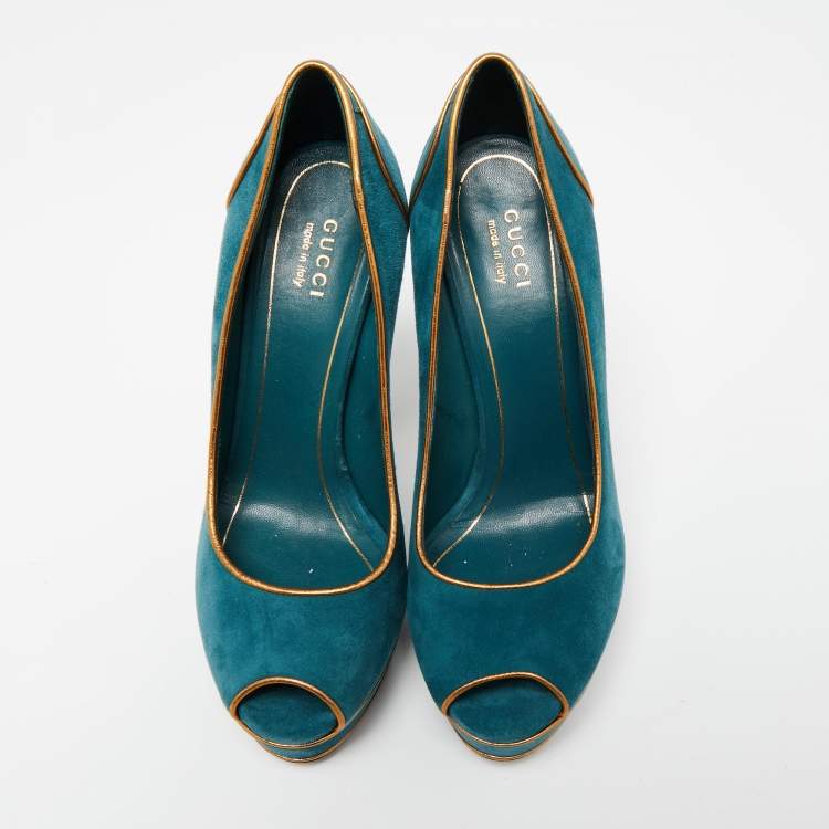 Pre Owned Gucci Teal Green Suede And Gold Leather Piping Detail Peep Toe Platform Pumps Size 39