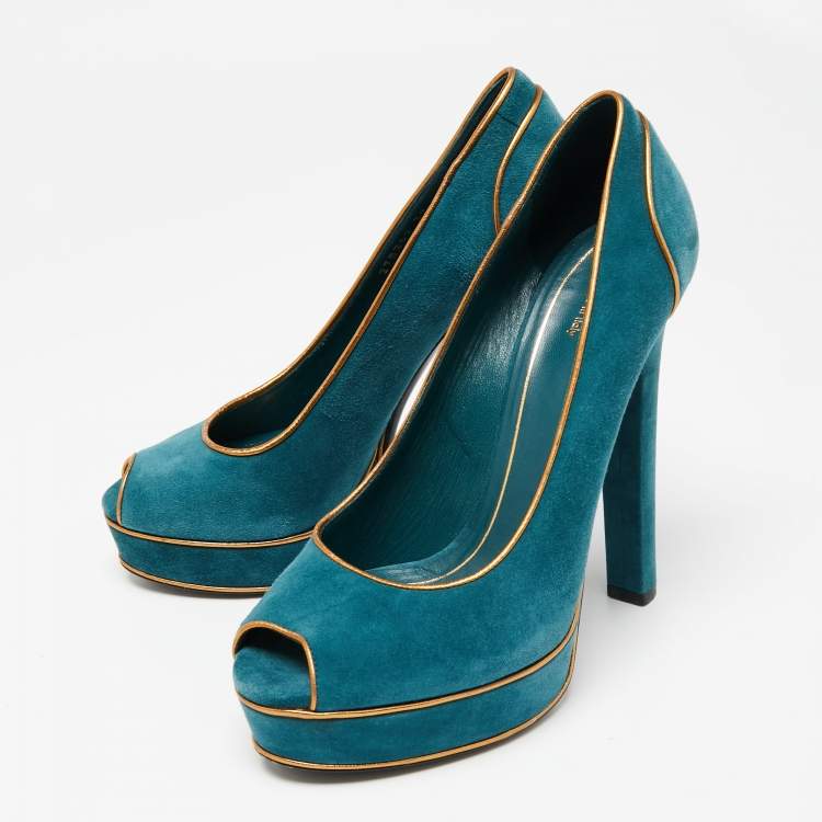 Pre Owned Gucci Teal Green Suede And Gold Leather Piping Detail Peep Toe Platform Pumps Size 39