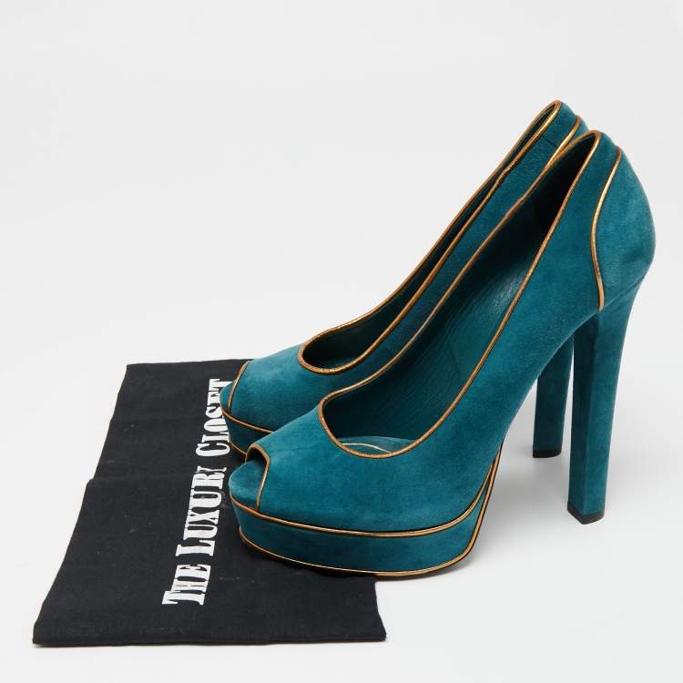 Pre Owned Gucci Teal Green Suede And Gold Leather Piping Detail Peep Toe Platform Pumps Size 39