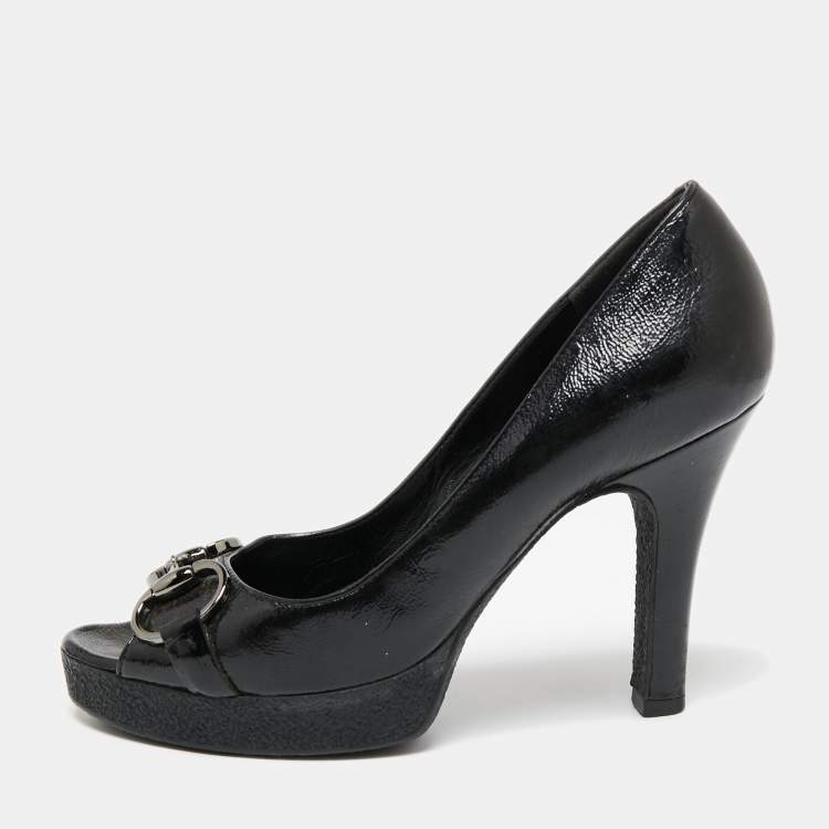 Pre Owned Gucci Black Patent Leather Horsebit Peep Toe Platform Pumps Size 35.5