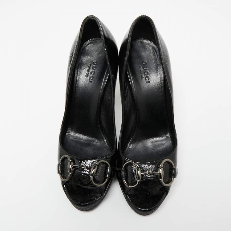 Pre Owned Gucci Black Patent Leather Horsebit Peep Toe Platform Pumps Size 35.5