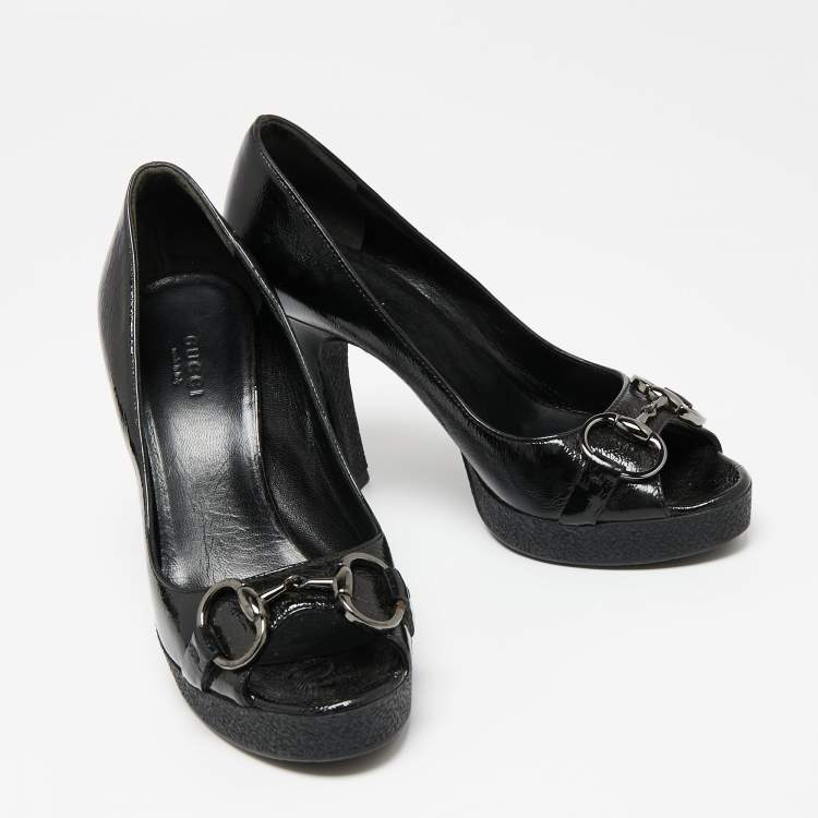Pre Owned Gucci Black Patent Leather Horsebit Peep Toe Platform Pumps Size 35.5