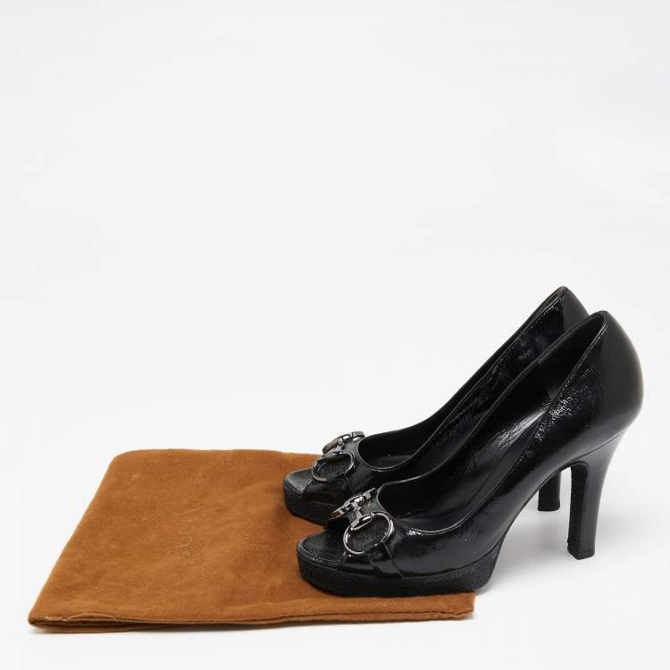 Pre Owned Gucci Black Patent Leather Horsebit Peep Toe Platform Pumps Size 35.5