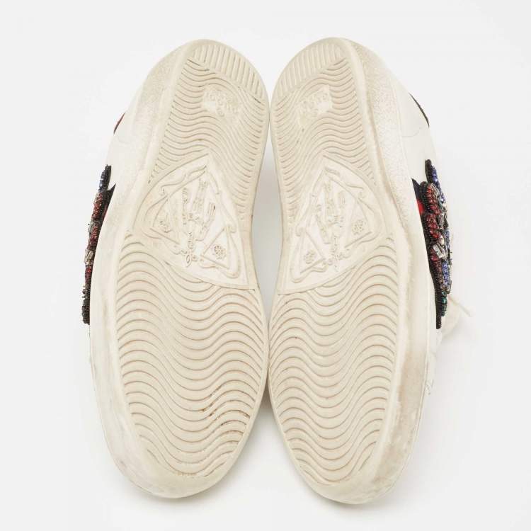 Pre Owned Gucci White Leather Embellished Snake Ace Low-Top Sneakers Size 37