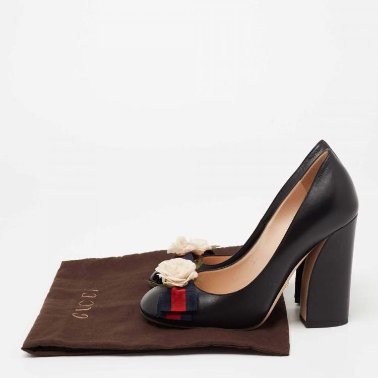 Pre Owned Gucci Black Leather Web Bow Detail Block Heel Pumps Size 38