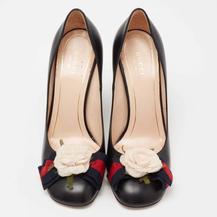 Pre Owned Gucci Black Leather Web Bow Detail Block Heel Pumps Size 38