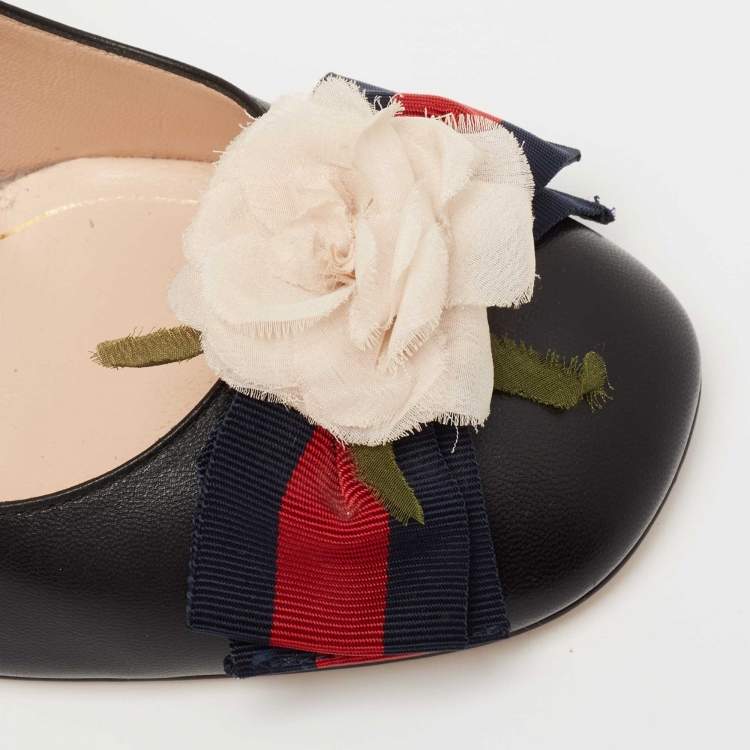 Pre Owned Gucci Black Leather Web Bow Detail Block Heel Pumps Size 38