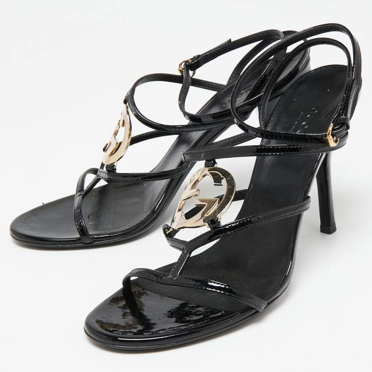 Pre Owned Gucci Black Patent Leather Interlocking G Ankle-Strap Sandals Size 38