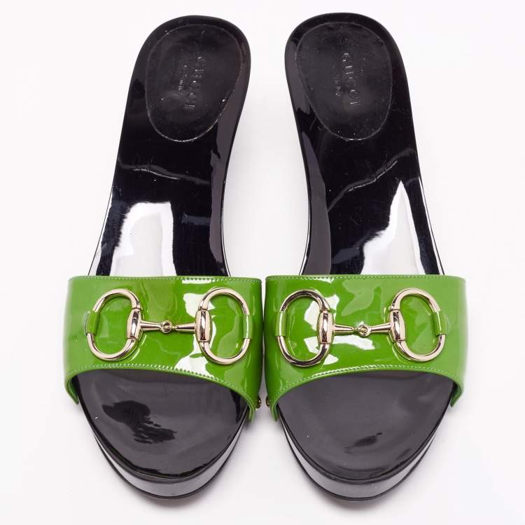 Pre Owned Gucci Green Patent Leather Horsebit Slide Sandals Size 38