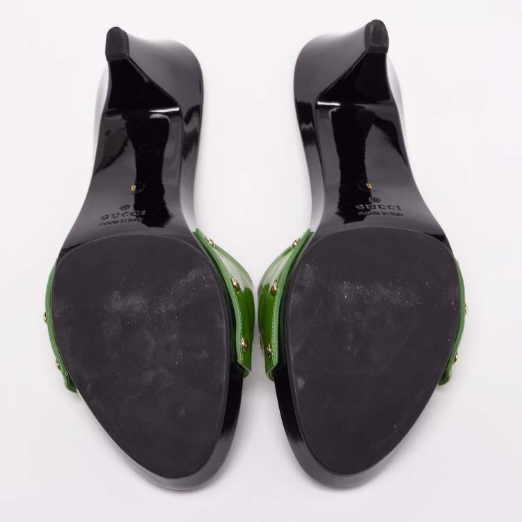 Pre Owned Gucci Green Patent Leather Horsebit Slide Sandals Size 38
