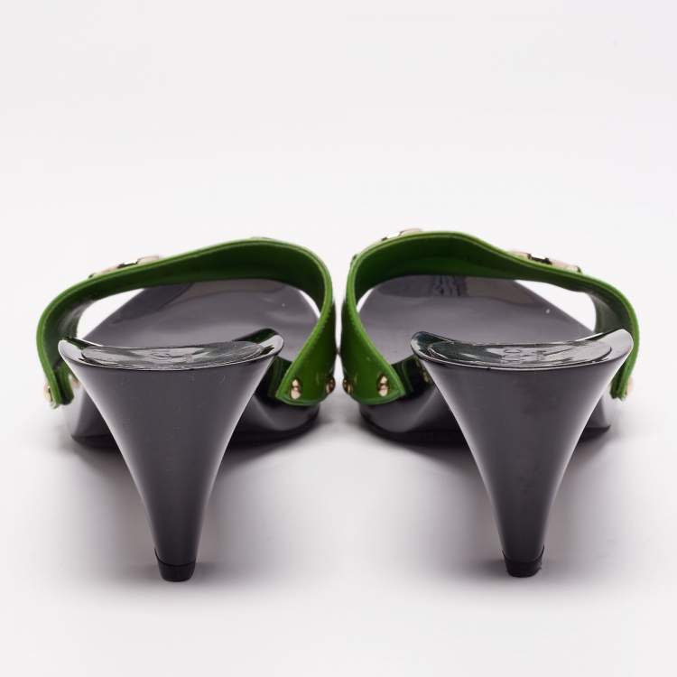 Pre Owned Gucci Green Patent Leather Horsebit Slide Sandals Size 38