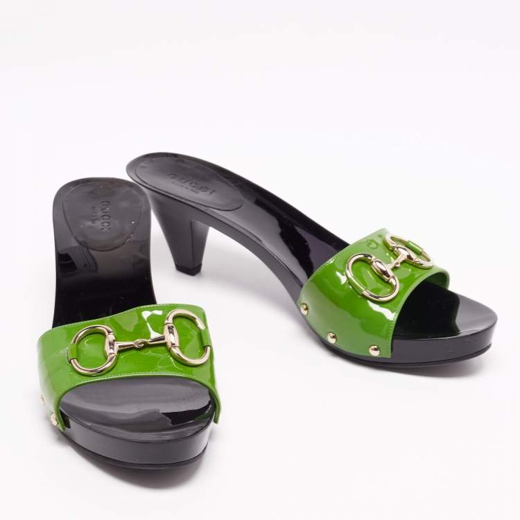 Pre Owned Gucci Green Patent Leather Horsebit Slide Sandals Size 38