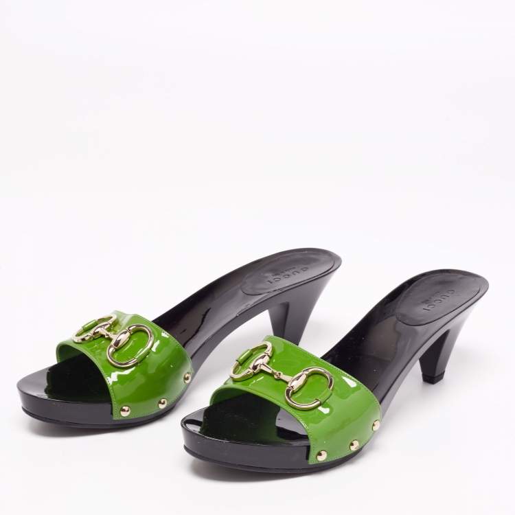 Pre Owned Gucci Green Patent Leather Horsebit Slide Sandals Size 38