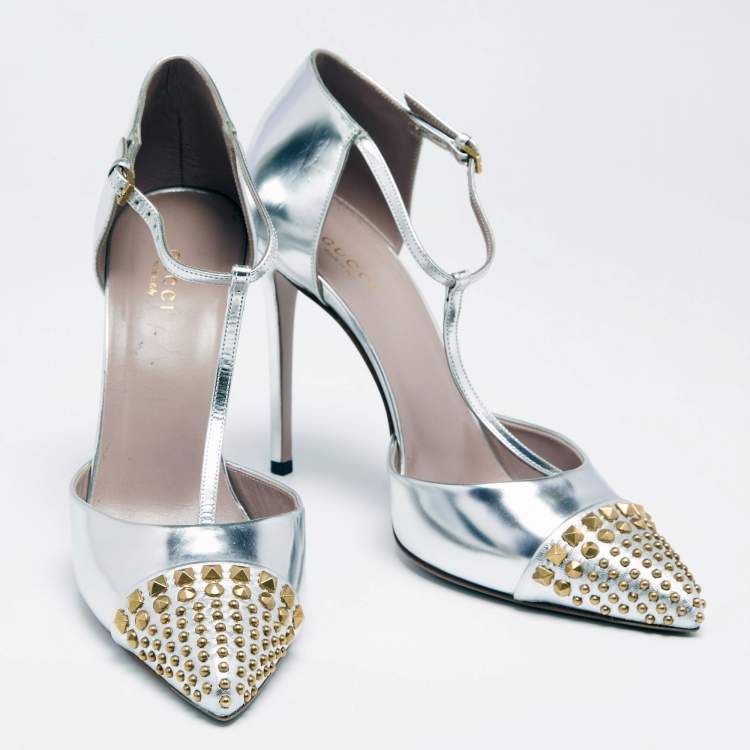 Pre Owned Gucci Silver Leather Coline Studded Cap-Toe T-Strap Pumps Size 39