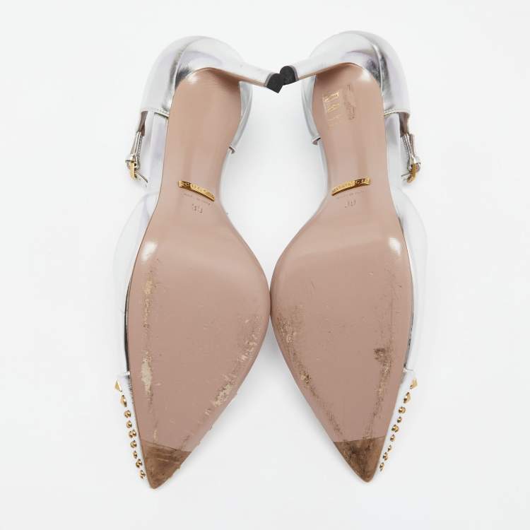 Pre Owned Gucci Silver Leather Coline Studded Cap-Toe T-Strap Pumps Size 39