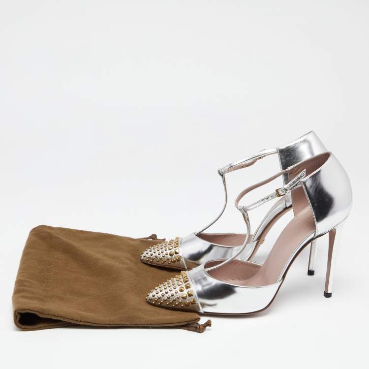 Pre Owned Gucci Silver Leather Coline Studded Cap-Toe T-Strap Pumps Size 39