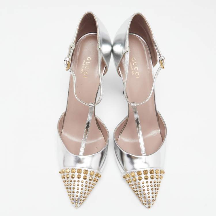 Pre Owned Gucci Silver Leather Coline Studded Cap-Toe T-Strap Pumps Size 39